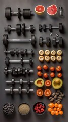 Healthy Lifestyle - Dumbbells, Fruit, and Veggies.