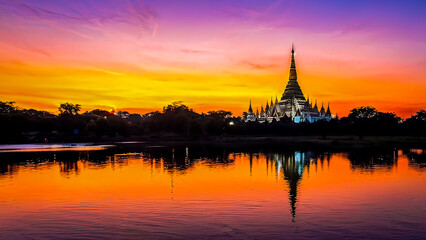 Obraz premium Created using generative AI tools,Nong Waeng Temple, Luang Temple, 9-Story Chedi Temple, Sunset Khon Kaen Province, Thailand, Asia