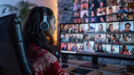 Obraz premium Remote team leader engaging in video call with colleagues, providing solutions and guidance while working from home, highlighting digital communication skills and e-learning in a virtual meeting