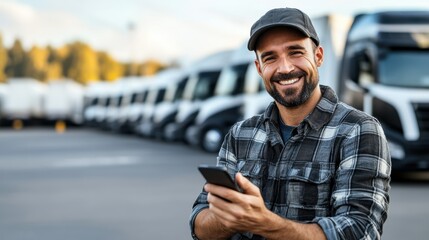 Happy truck driver using cell phone on parking