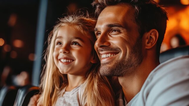 Happy parents and their daughter watching movie in cinema