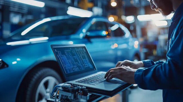 A car mechanic in a modern workshop uses a laptop and diagnostic tools to evaluate a vehicle's systems, ensuring top-notch customer service. The mechanic's focus is on identifying any issues to mainta
