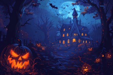 Halloween night background with spooky pumpkins, haunted house and flying bats in dark forest illustration