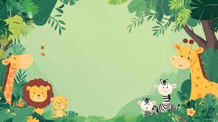 Naklejka premium Cute Jungle Animals with Green Foliage and a Blank Space
