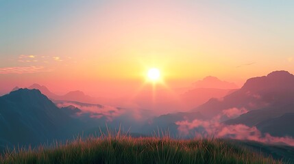 Obraz premium Sunrise over a mountain landscape, with mist and fog swirling between the peaks, casting a golden glow on the scene.