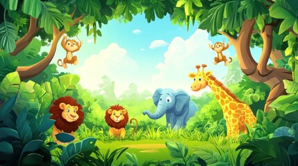 Cartoon animals in a lush green jungle scene