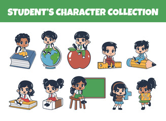 Cute students character vector illustration set