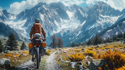 A Caucasian biker touring alone on a bike through mountainous terrain during the summer with a beautiful backdrop of mountains.