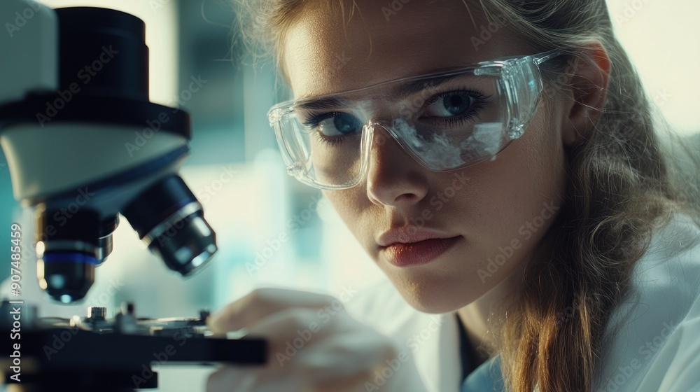 Poster Female Scientist Using a Microscope in a Laboratory