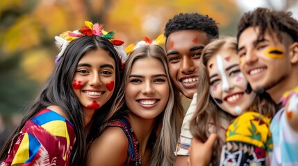 Diverse Youth Joy: A close-up portrait of a group of diverse young adults smiling brightly, showcasing the beauty of unity and inclusivity, their faces painted with vibrant colors against a backdrop o
