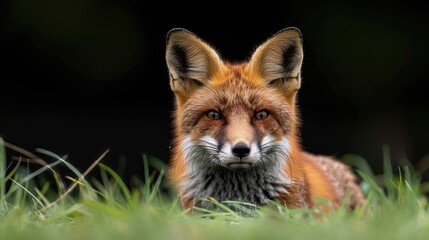 A fox is laying in the grass, looking at the camera