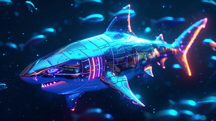 Fototapeta premium Cybernetic Shark in Neon Abyss: A metallic shark, glowing with neon lights, swims through a digital abyss, surrounded by bioluminescent fish. This mesmerizing image is a futuristic exploration of natu