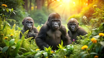 Three Little Gorillas: A Sun-Drenched Jungle Adventure  Generative AI
