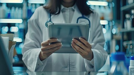 A woman in a white lab coat is holding a tablet in her hand