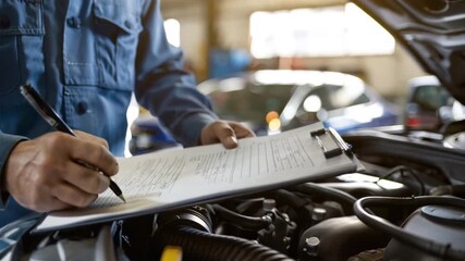 A car mechanic checklist to the clipboard insurance with inspecting the car at garage workshop, Car auto services, and maintenance check concept. auto repair shop for car service.