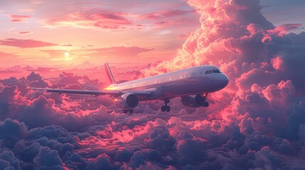 Airplane Soaring Through Pink Sunset Clouds