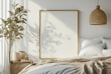 Mockup frame in bedroom interior background, room in light pastel colors, 3d render, Generative AI