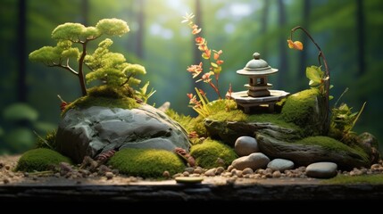 Small stone building in mossy rocks with small stones and grass. Neural network ai generated art