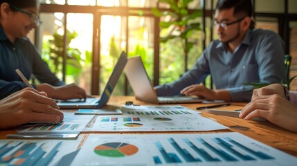 Collaborative business team analyzing results: chart and graph discussion