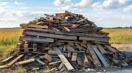 Large pile of scrap wood planks stacked haphazardly in an open field, under a blue sky with scattered clouds.