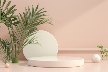 3d podium, minimalistic style, pastel colors peach and pink background with green plant and small ball for product presentation 