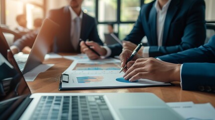 Collaborative business meeting focused on strategic data analysis and problem-solving among professional colleagues, shareholders, and clients in a formal office environment.