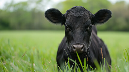 Close-up of a black calf standing in lush green grass, with a blurred forest background on a sunny day
