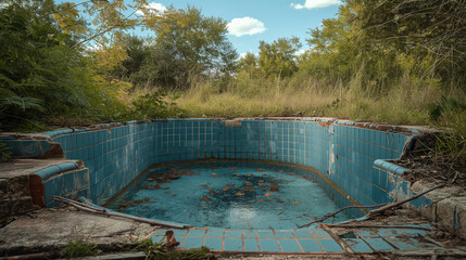 Abandoned swimming pool overgrown with weeds and surrounded by wild vegetation, depicting decay and neglect