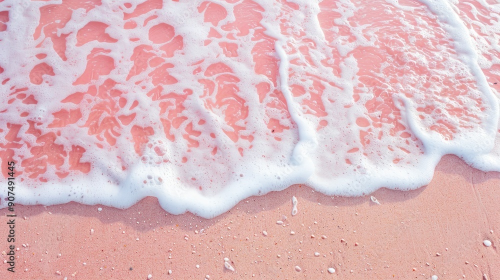 Poster sea wave with foam on pink sand beach empty text space and background view from top