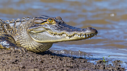 Fototapeta premium A crocodile, a reptile that has been around for a long time, is seen close-up with its head and body in profile. It is resting on the shore, with the water's surface in the background.
