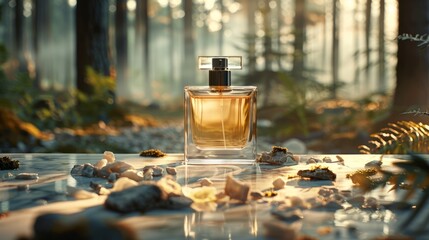 A bottle of perfume sits on a white marble surface surrounded by shards of concrete and rock.