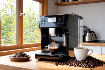 Black coffee machine with cup on counter in kitchen