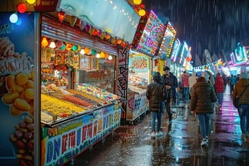 Obraz premium People Walking By Colorful Food Stalls At Night Market.