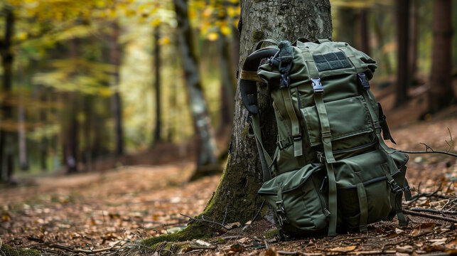 A green backpack is sitting on a tree trunk in a forest