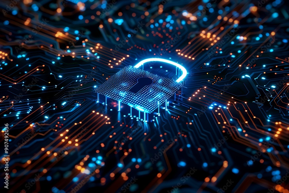Poster 3d illustration of a blue padlock icon surrounded by glowing digital lines and circuit patterns, sym