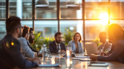 Professional business people collaborating in a modern office setting during a team meeting