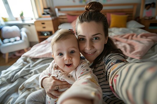 Happy mother making selfie with her cute infant baby daughter, sitting in bedroom at home. Motherhood moments, Generative AI