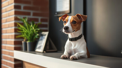 A funny dog works at the reception of a pet salon.