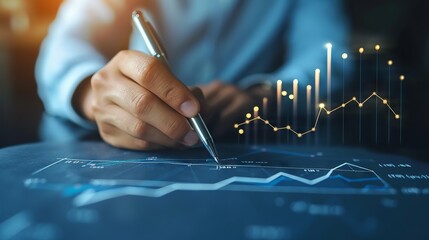 Businessman illustrates growth graph and analyzes financial data for strategic business planning and investment progress on a blue background