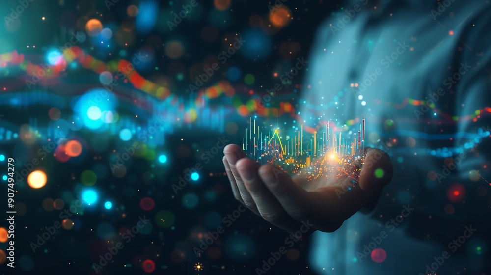 Poster businessman presenting glowing digital marketing graph with data visualization on dark background, 3