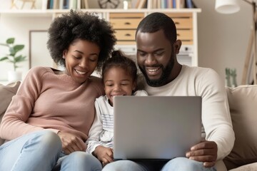 Happy African American parents and their little daughter using laptop at home, watching movie, browsing internet, sitting on couch in living room, Generative AI
