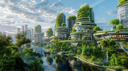 A futuristic city with tall buildings and a river running through it