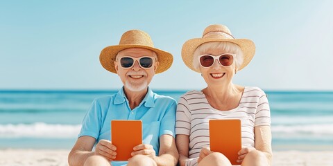 Sun-Kissed Retirement:  A joyful senior couple basks in the golden glow of a sunny beach day, sunglasses reflecting the ocean's azure expanse. The couple’s smiles radiate contentment and relaxation