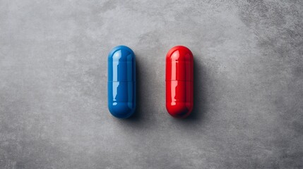 The Choice: A stark, top-down perspective of a red and blue pill against a textured gray backdrop, embodying the weight of consequence in a critical decision. 