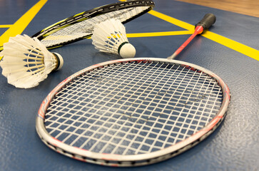 shuttlecock and badminton racket on the court