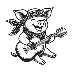 Pig Clipart, Hog Outline Logo, A pig playing a guitar illustration in black and white
