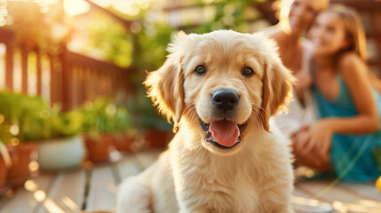 Happy golden retriever puppy on a wooden deck with family enjoying summer day
