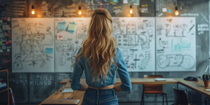 A person or team brainstorming and creating content on whiteboards