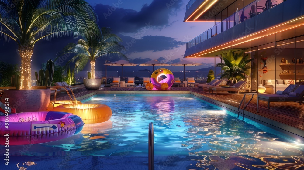 Wall mural realistic photo in a huge pool with inflatable toys and a deck with sunchairs and a tropical vibe, at night