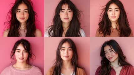 It's a six-panel collage of a very beautiful European Xinjiang woman, 25 years old, with thin lips, a pointed nose, clear skin, long dark hair, natural makeup, and a friendly demea